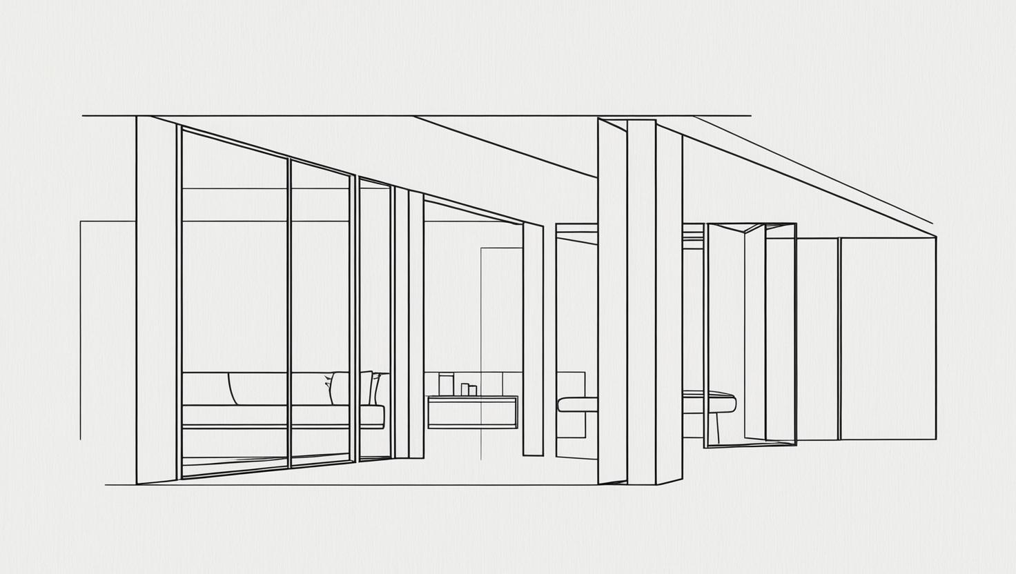 Esquisse architecte Esquisse architecturale minimaliste d'un aménagement intérieur moderne - Conception de projet rénovation avec courtier en travaux